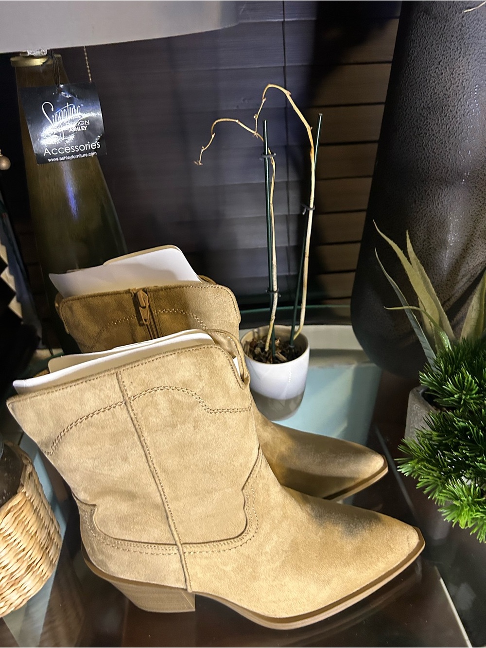 Tan Suede Western Ankle Boots
